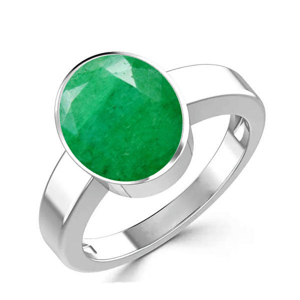Emerald green stone ring with cz and platinum finish -